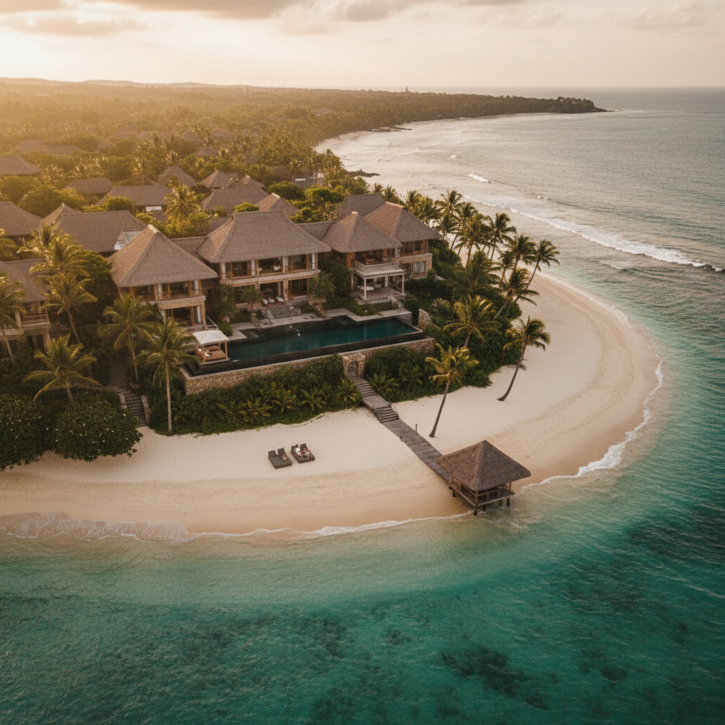 Bali private island wedding ceremony beach setup with bamboo arch white-floral aisle and reception marquee at Nusa Lembongan boutique resort buyout